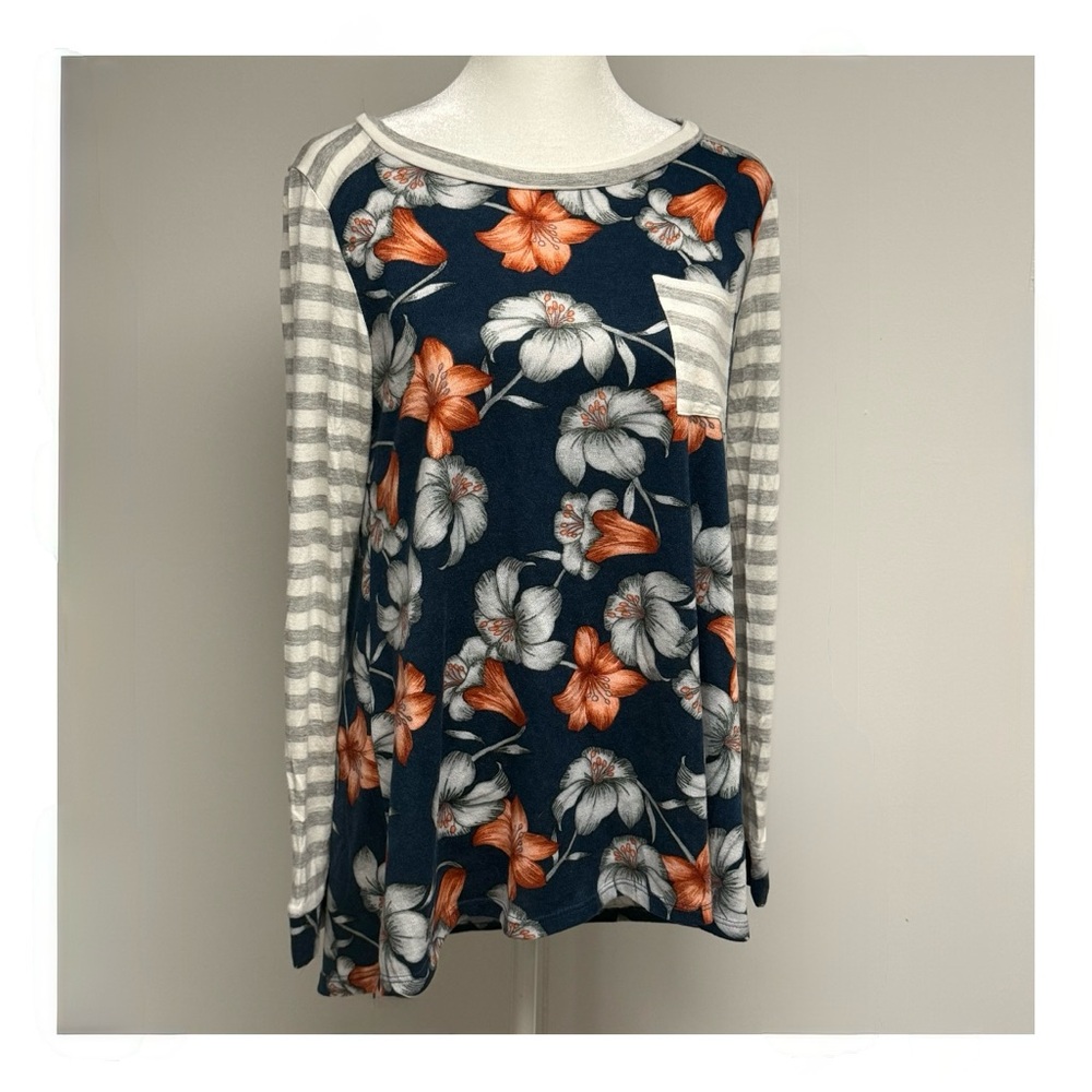 ✨ Twenty Second Navy Floral and Gray Striped Long Sleeve Top